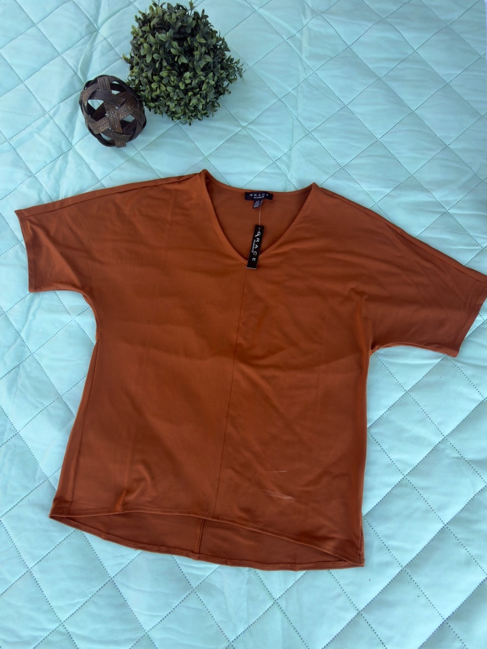 Grace Rust Orange V-Neck Short Sleeve Top